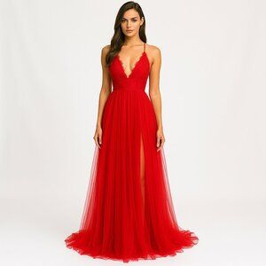 Rated PG by Progirl (NWOT) Red Tulle Maxi Dress Plunge Lace Formal Gown Size 0